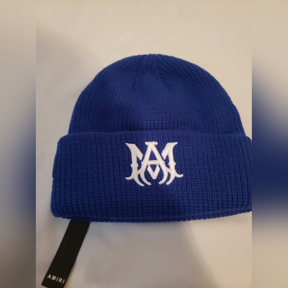 AMIRI Blue Knit Beanie with White Logo - Picture 1 of 3